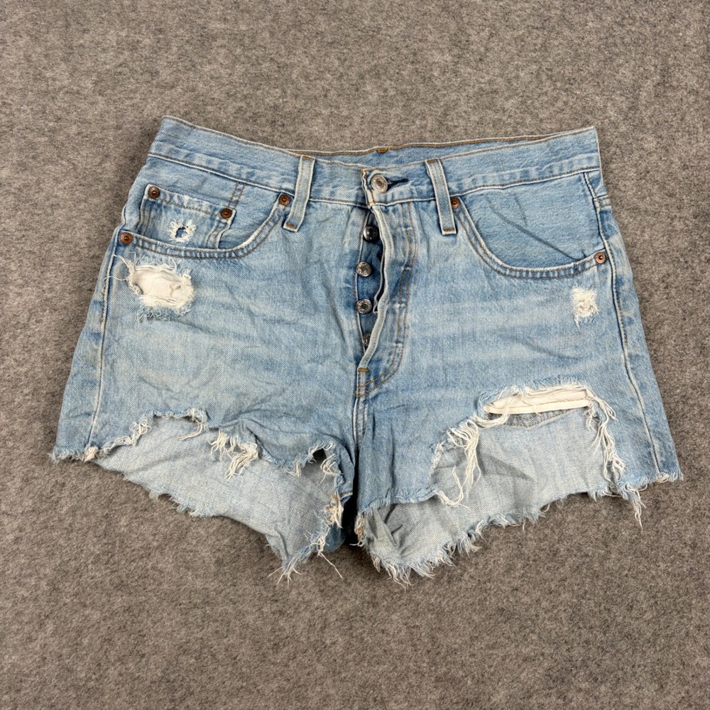 Levis 501 Shorts Womens 28 Light Blue Distressed Cut Off Denim Outdoor Preppy